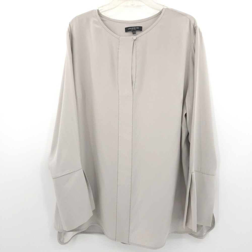 Lafayette 148 Silk Beaded Trim Blouse Women 2X Gray Long Sleeve Tunic